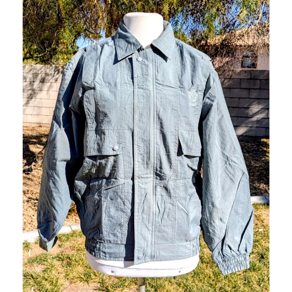 Women's Petite Med Gray Windbreaker Zip-Up Retro Bomber Jacket Light Coat EUC